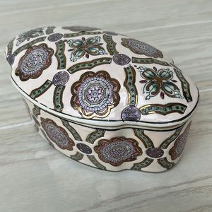 Vintage 🪷 Hand Painted Cermaic Jewelry Trinket Box Boho Shabby Chic Home Decor